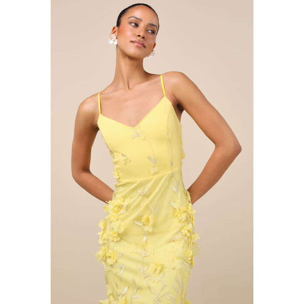 Lulus Limitless Adoration Yellow 3d Floral Embroidered Midi Dress - Size M